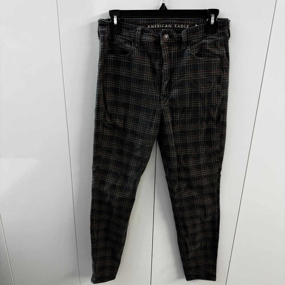 American Eagle Super Stretch Plaid Jeggings Charcoal Grey Orange Size 8